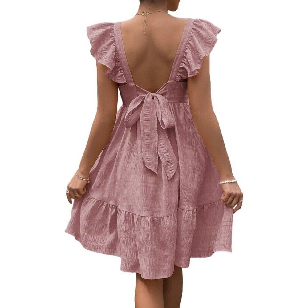 OYOANGLE Women's Maternity Tie Backless Ruffle Trim Short Sleeve X-large PINK